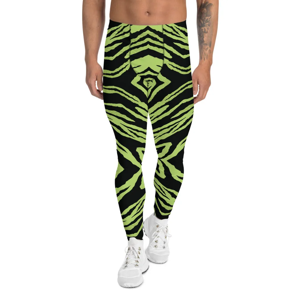 Green Striped Men's Leggings, Zebra Animal Print Run Tights Meggings-Made in USA/EU