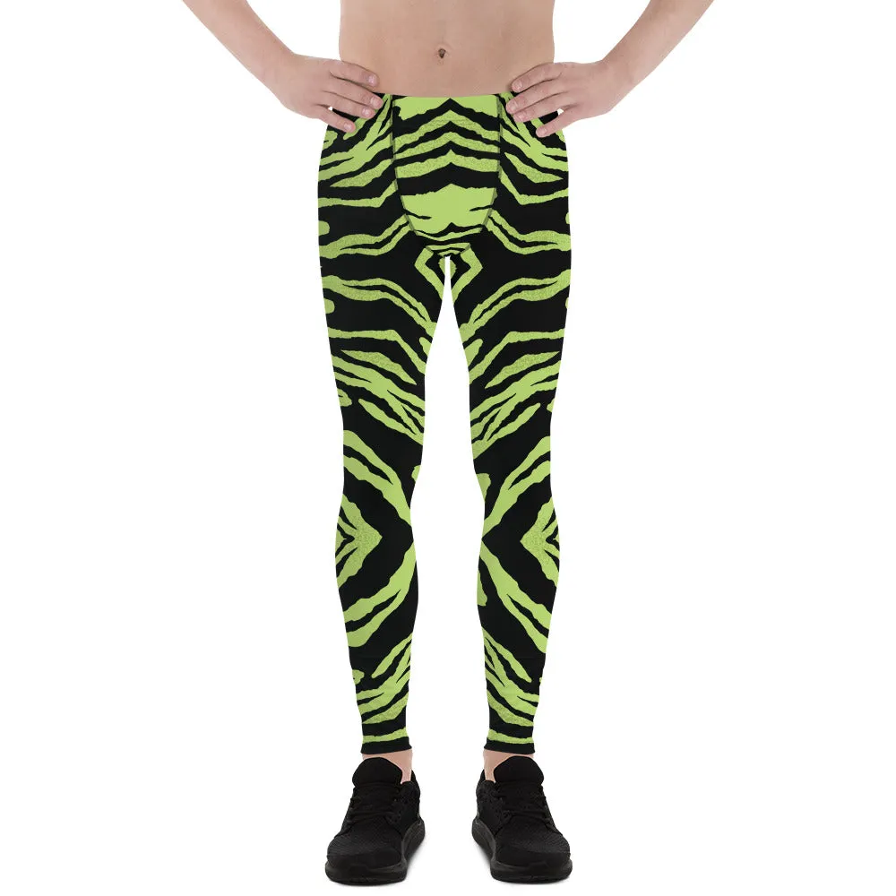 Green Striped Men's Leggings, Zebra Animal Print Run Tights Meggings-Made in USA/EU