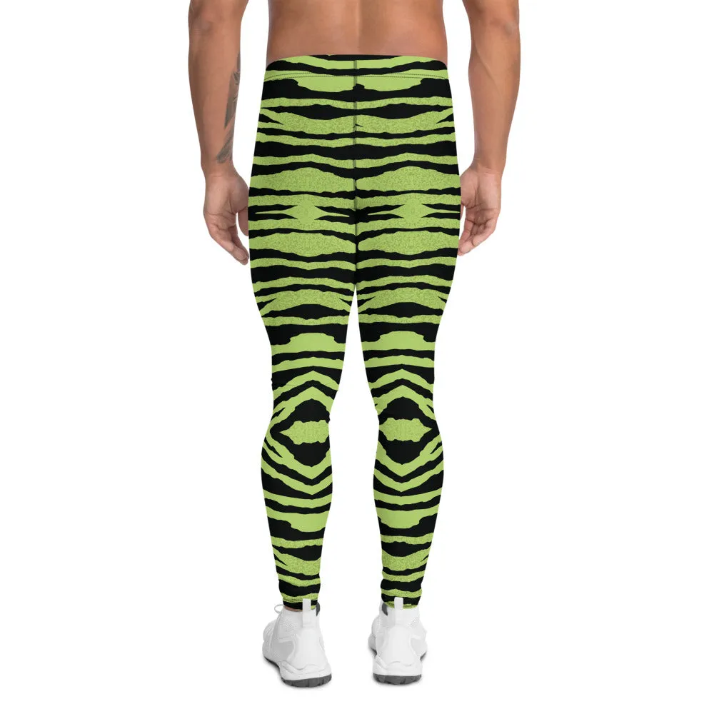 Green Striped Men's Leggings, Zebra Animal Print Run Tights Meggings-Made in USA/EU