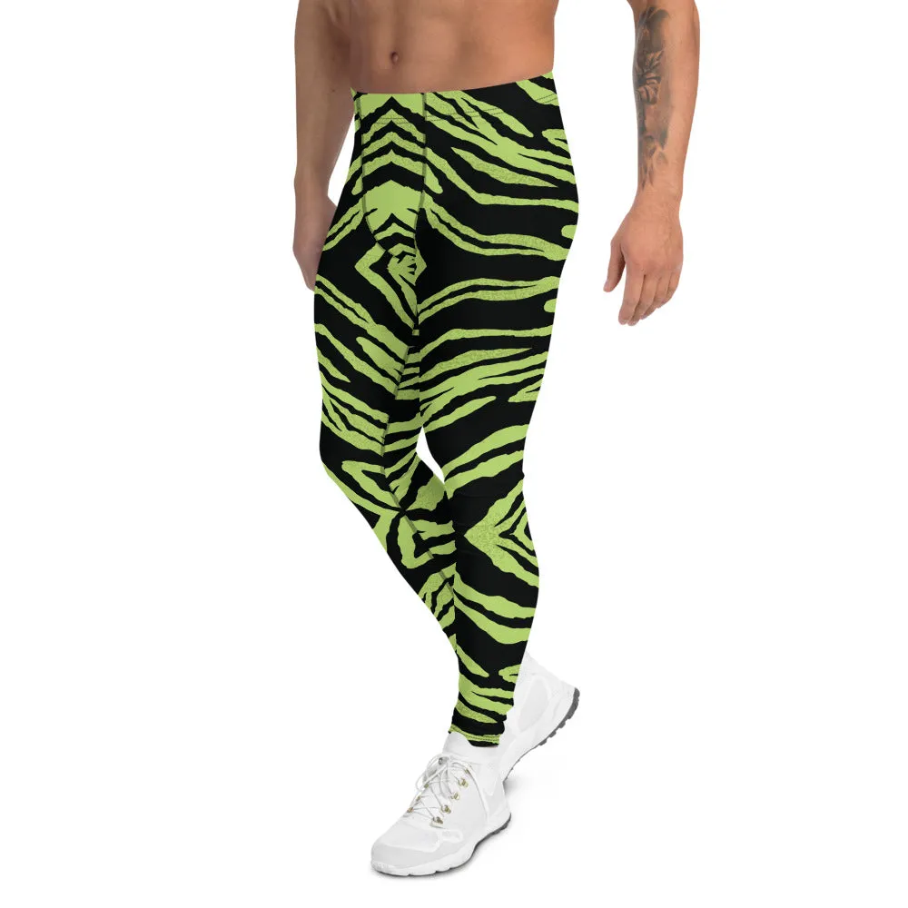 Green Striped Men's Leggings, Zebra Animal Print Run Tights Meggings-Made in USA/EU