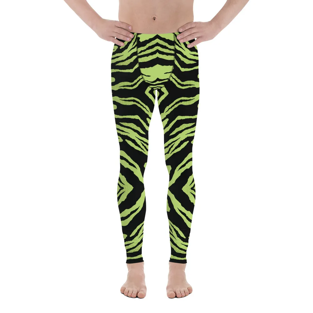 Green Striped Men's Leggings, Zebra Animal Print Run Tights Meggings-Made in USA/EU