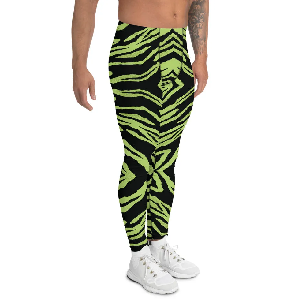 Green Striped Men's Leggings, Zebra Animal Print Run Tights Meggings-Made in USA/EU