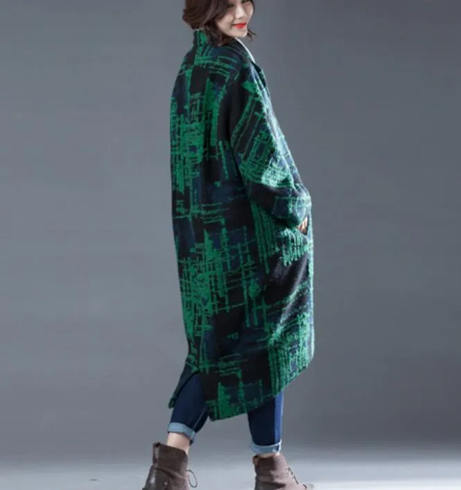 Green Women Coat Handmade Bat Sleeve loose Women Wool Coat Jacket