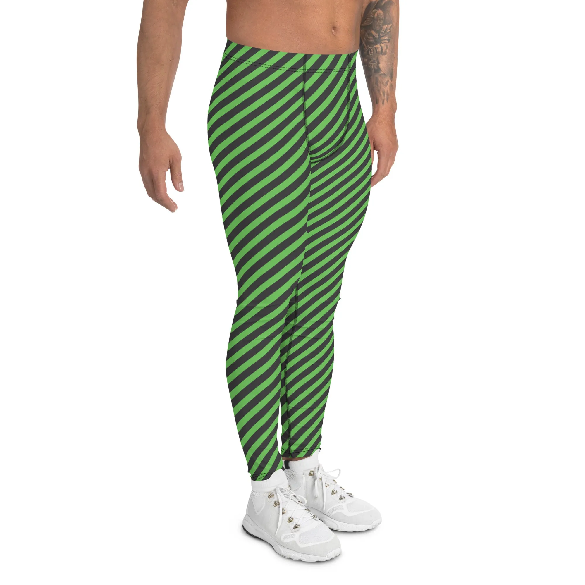 Grey Green Striped Meggings, Colorful Best Compression Tights For Men - Made in USA/EU/MX