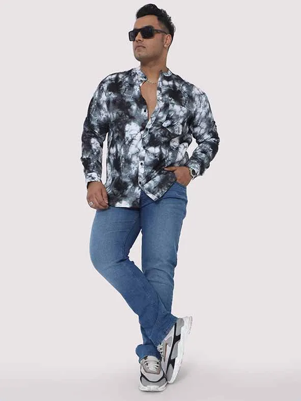 Grey Tie Dye Texture Chinese Collar Men's Plus Size Full Shirt