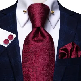 Hi-Tie Solid Wine Red Floral Necktie Pocket Square Cufflinks Set with Collar Pin