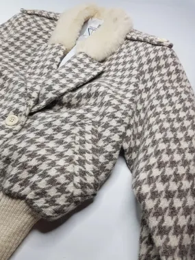 Houndstooth Vintage 1950s Cropped Bomber Jacket in Wool with Fur Collar - Structured Waist & Sleeves - Fully Lined