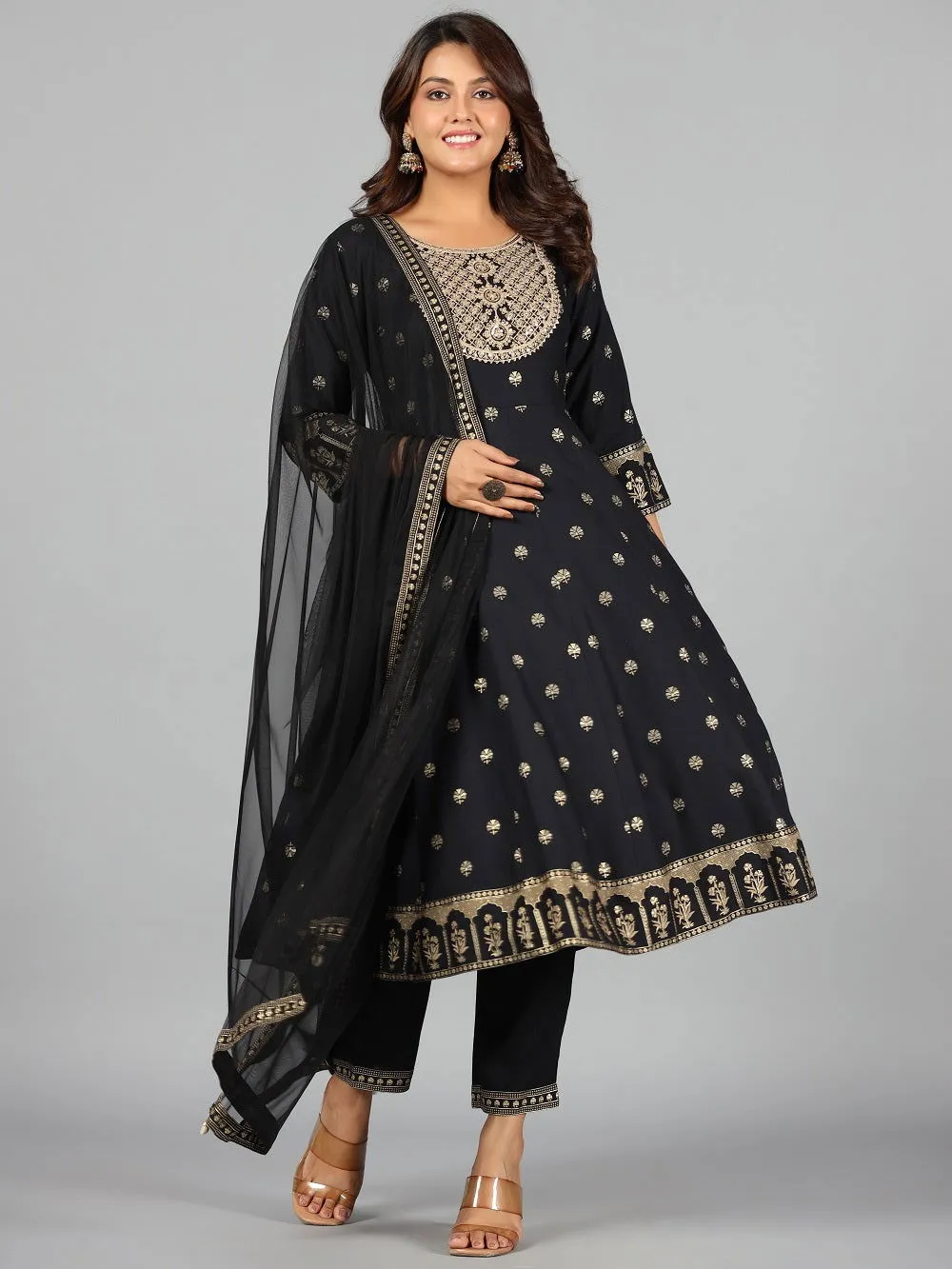 Jashvi Black Ethnic Motif Printed Rayon Kurta, Pants & Dupatta Set With Zari Embroidery