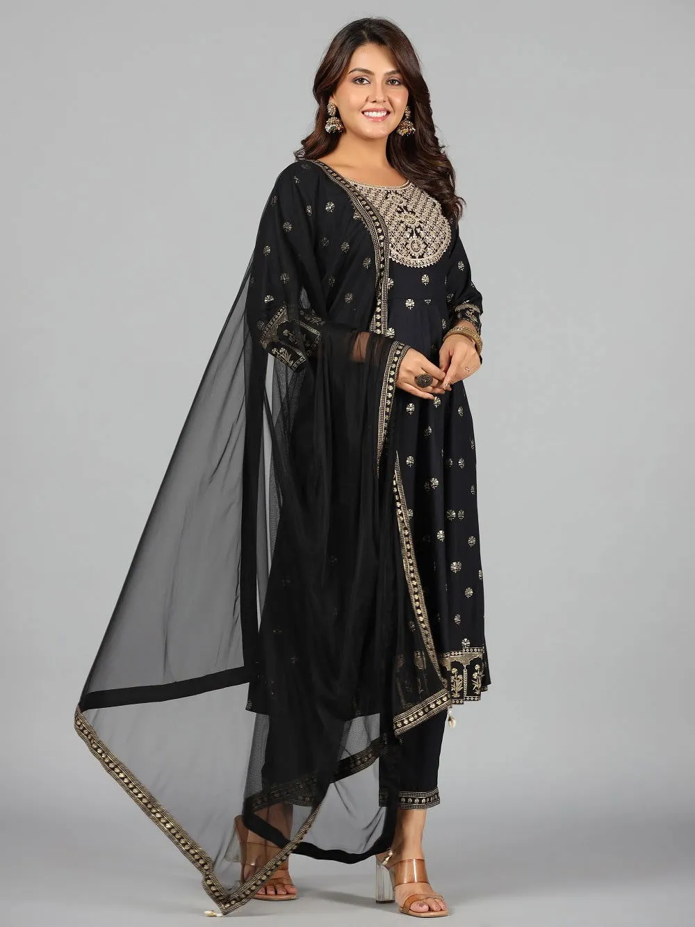 Jashvi Black Ethnic Motif Printed Rayon Kurta, Pants & Dupatta Set With Zari Embroidery