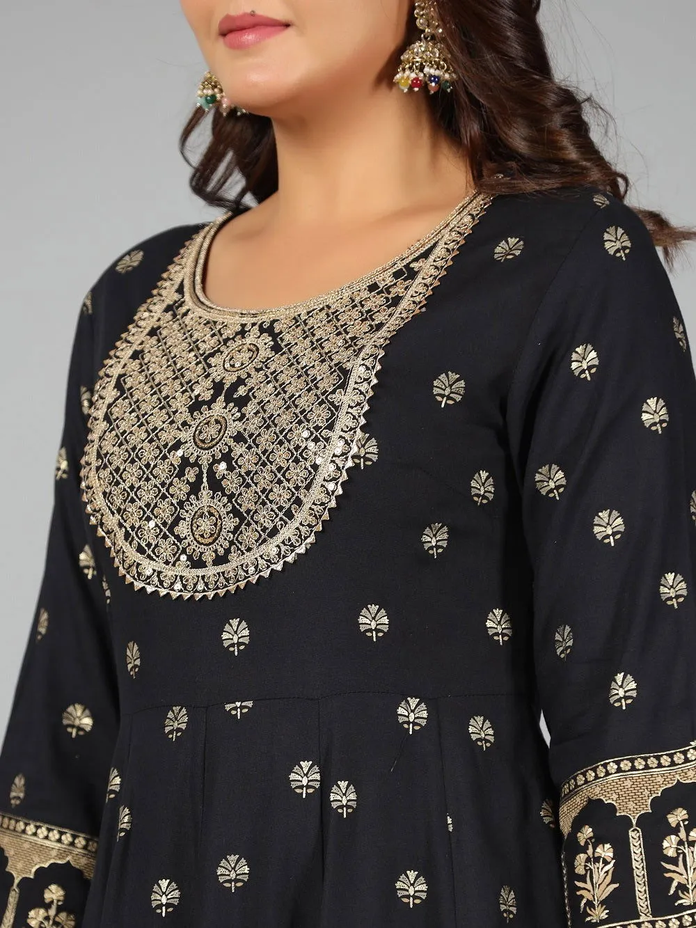 Jashvi Black Ethnic Motif Printed Rayon Kurta, Pants & Dupatta Set With Zari Embroidery