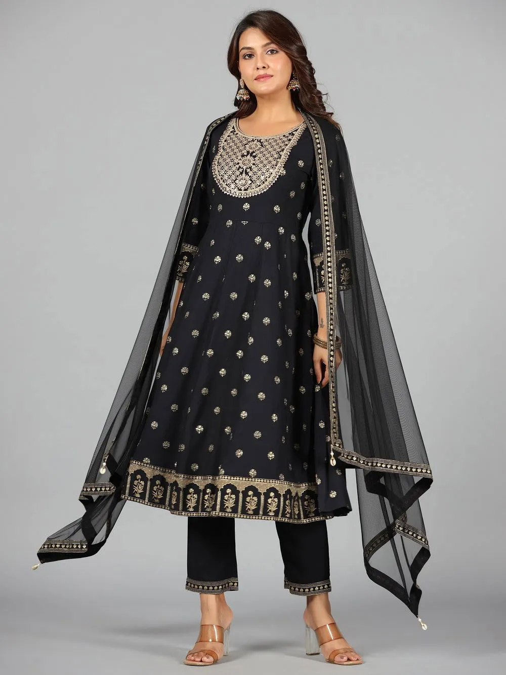 Jashvi Black Ethnic Motif Printed Rayon Kurta, Pants & Dupatta Set With Zari Embroidery