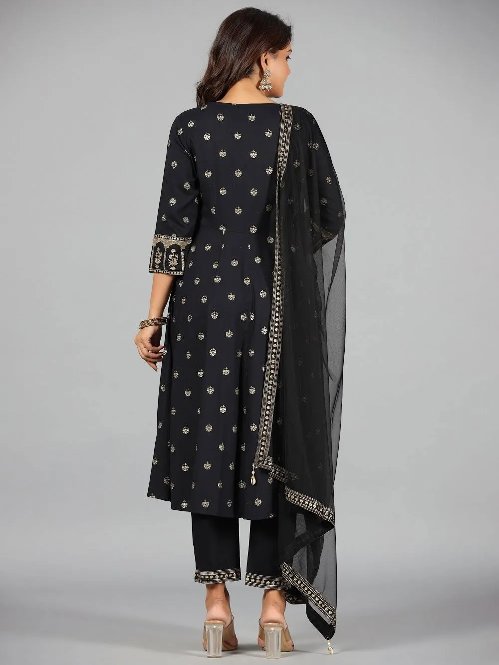 Jashvi Black Ethnic Motif Printed Rayon Kurta, Pants & Dupatta Set With Zari Embroidery