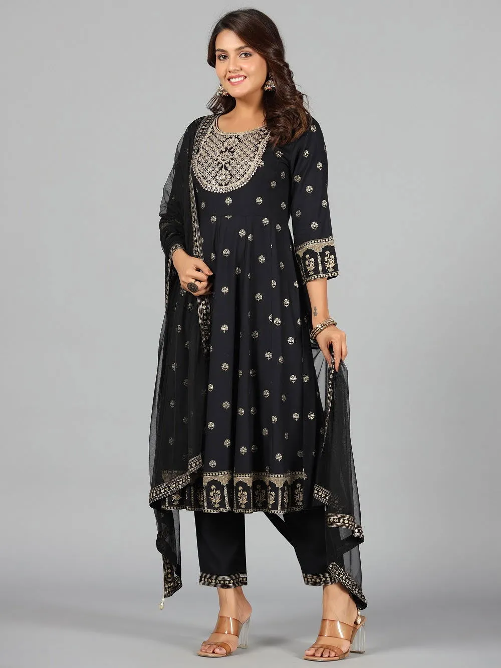 Jashvi Black Ethnic Motif Printed Rayon Kurta, Pants & Dupatta Set With Zari Embroidery