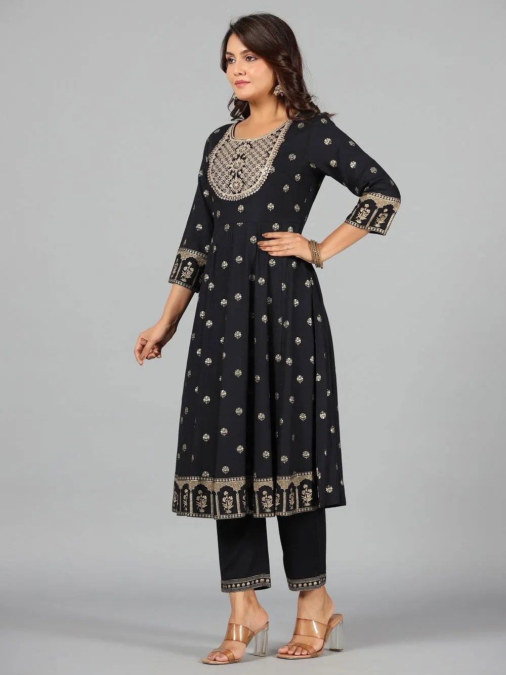 Jashvi Black Ethnic Motif Printed Rayon Kurta, Pants & Dupatta Set With Zari Embroidery