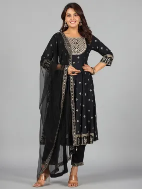 Jashvi Black Ethnic Motif Printed Rayon Kurta, Pants & Dupatta Set With Zari Embroidery