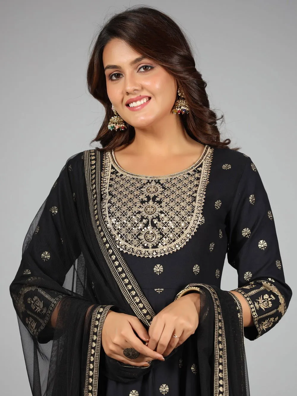 Jashvi Black Ethnic Motif Printed Rayon Kurta, Pants & Dupatta Set With Zari Embroidery