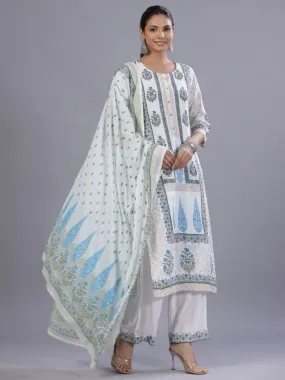 Jashvi Blue Ethnic Printed Rayon Kurta Pants and Dupatta Set