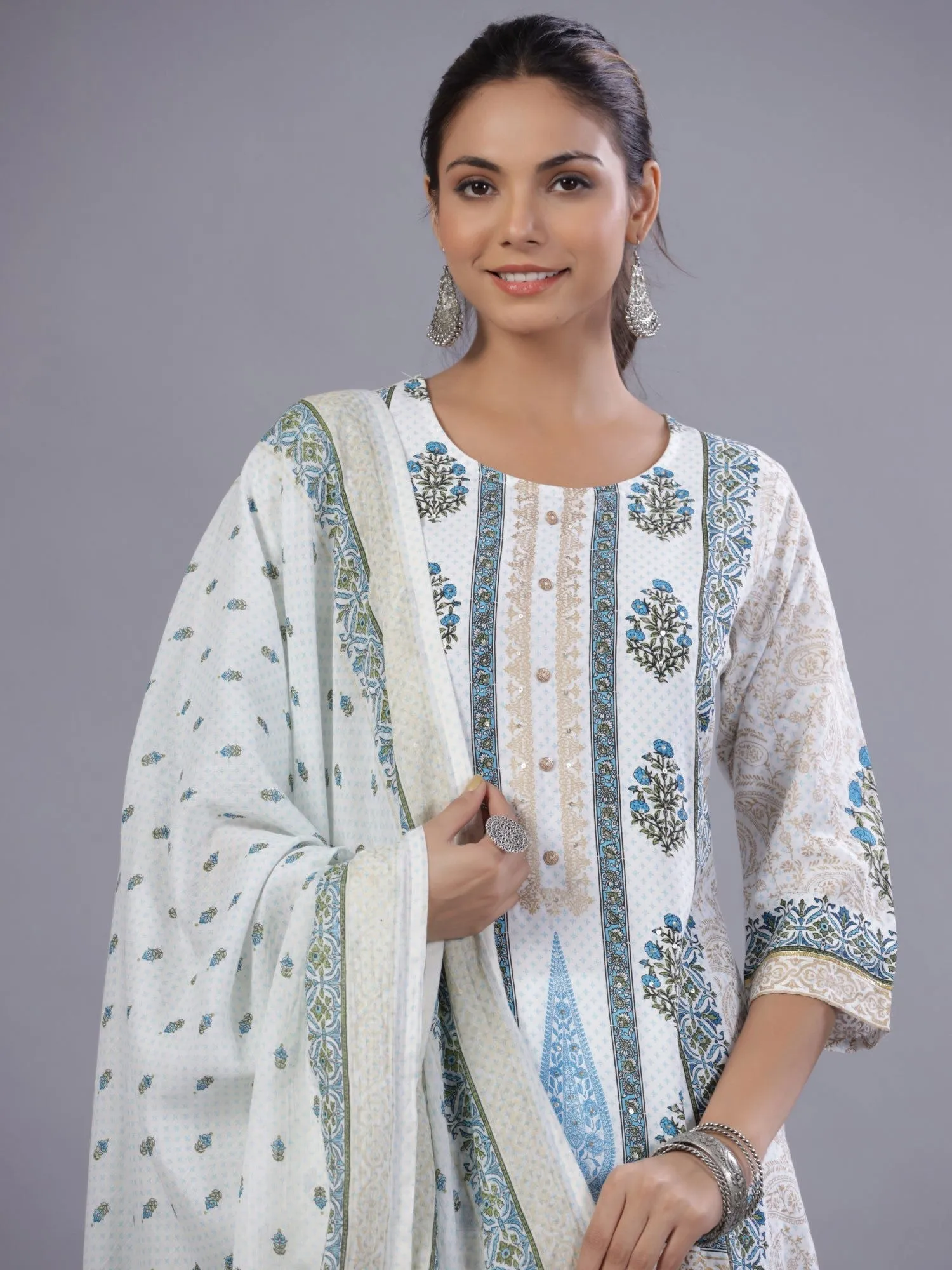 Jashvi Blue Ethnic Printed Rayon Kurta Pants and Dupatta Set