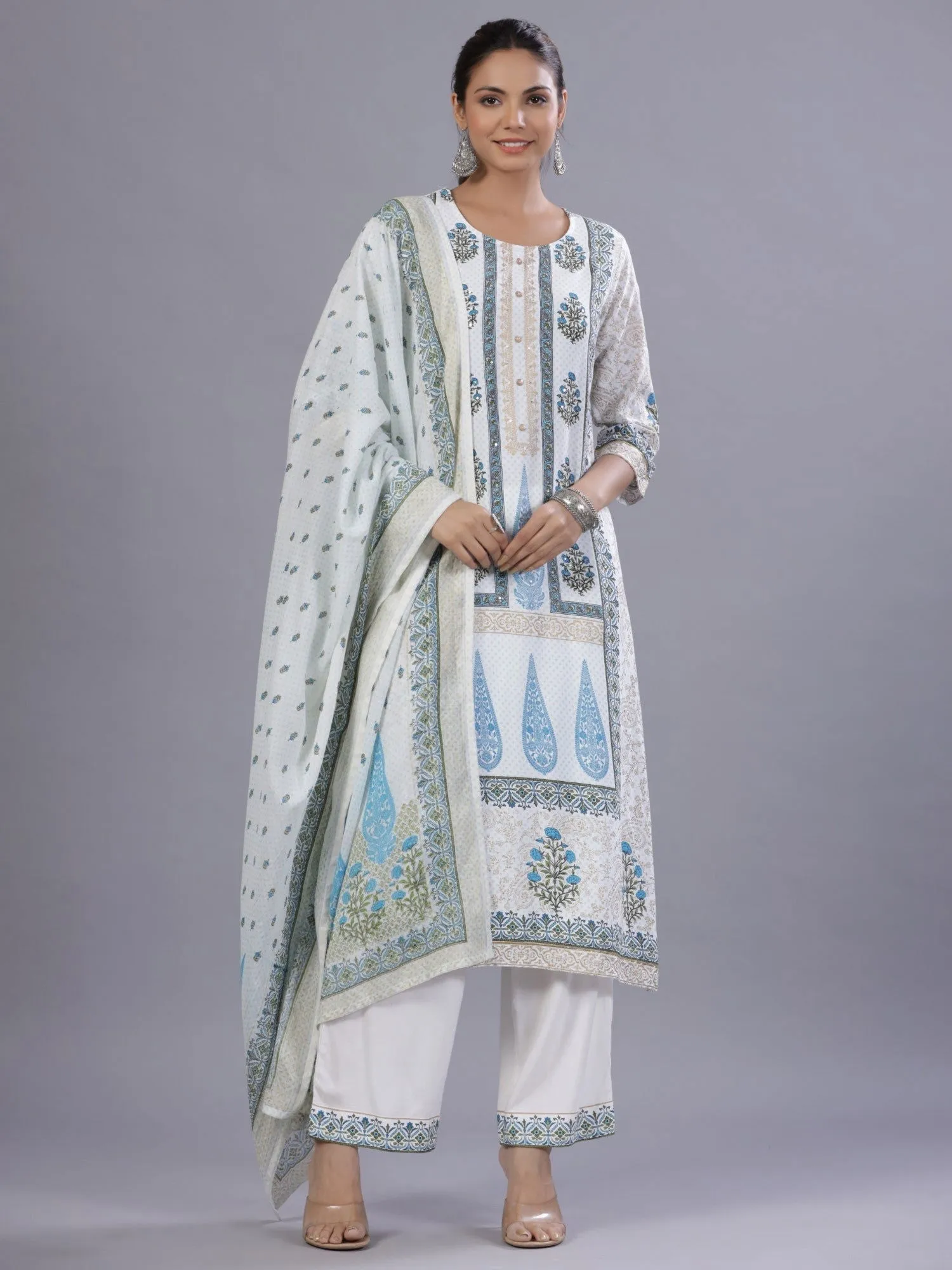 Jashvi Blue Ethnic Printed Rayon Kurta Pants and Dupatta Set