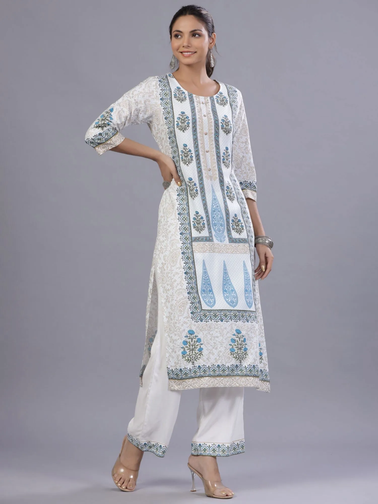 Jashvi Blue Ethnic Printed Rayon Kurta Pants and Dupatta Set