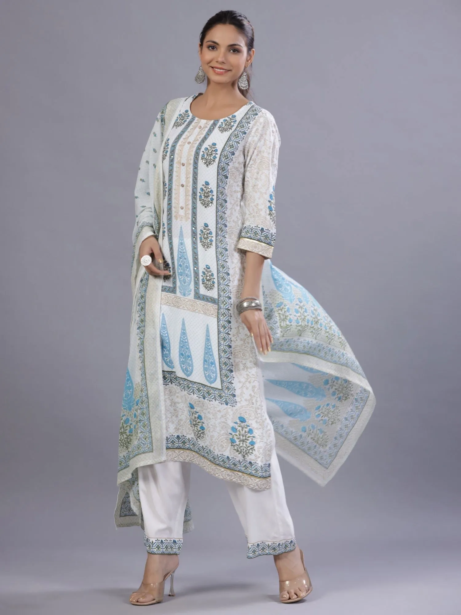 Jashvi Blue Ethnic Printed Rayon Kurta Pants and Dupatta Set