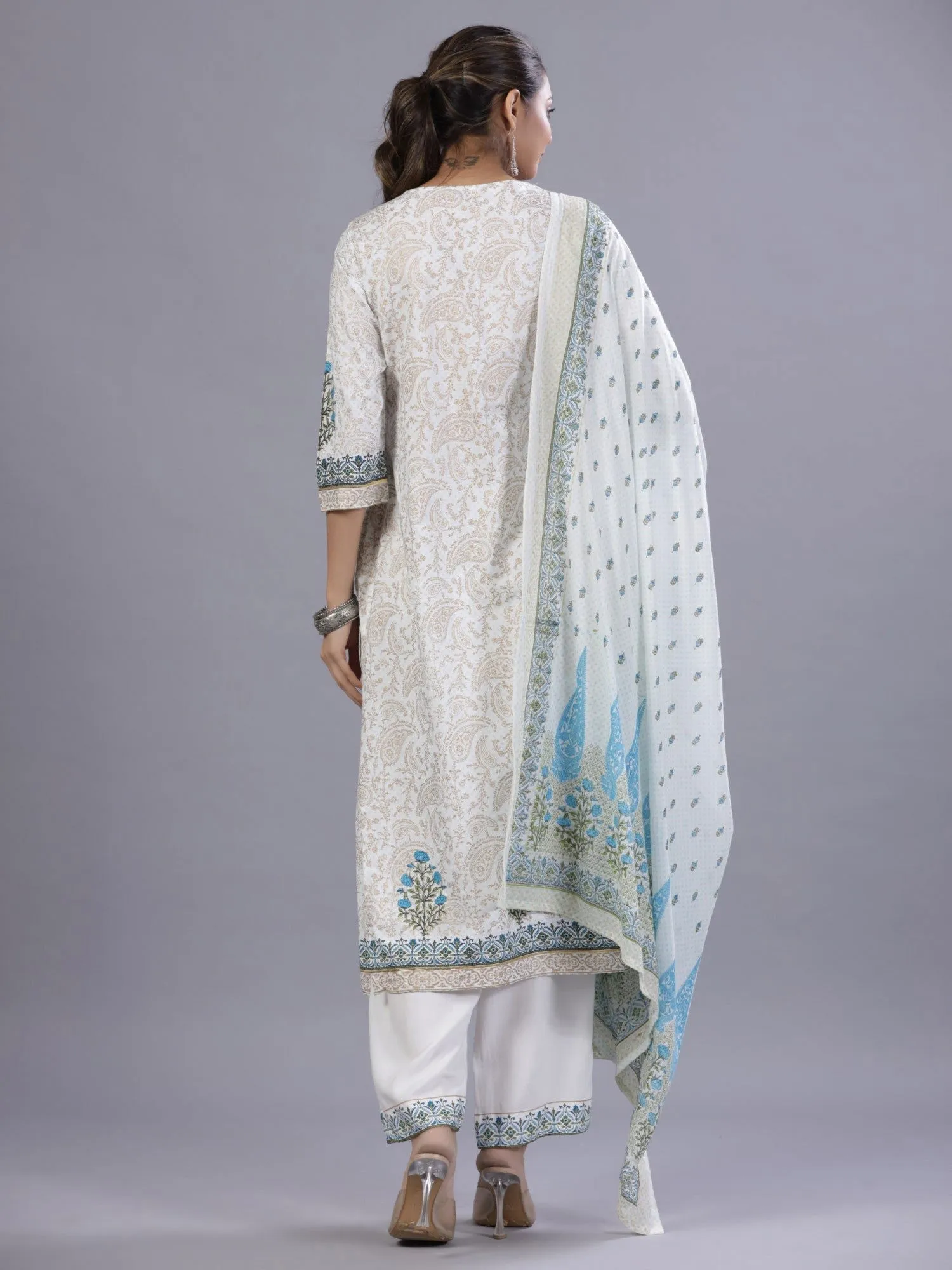 Jashvi Blue Ethnic Printed Rayon Kurta Pants and Dupatta Set