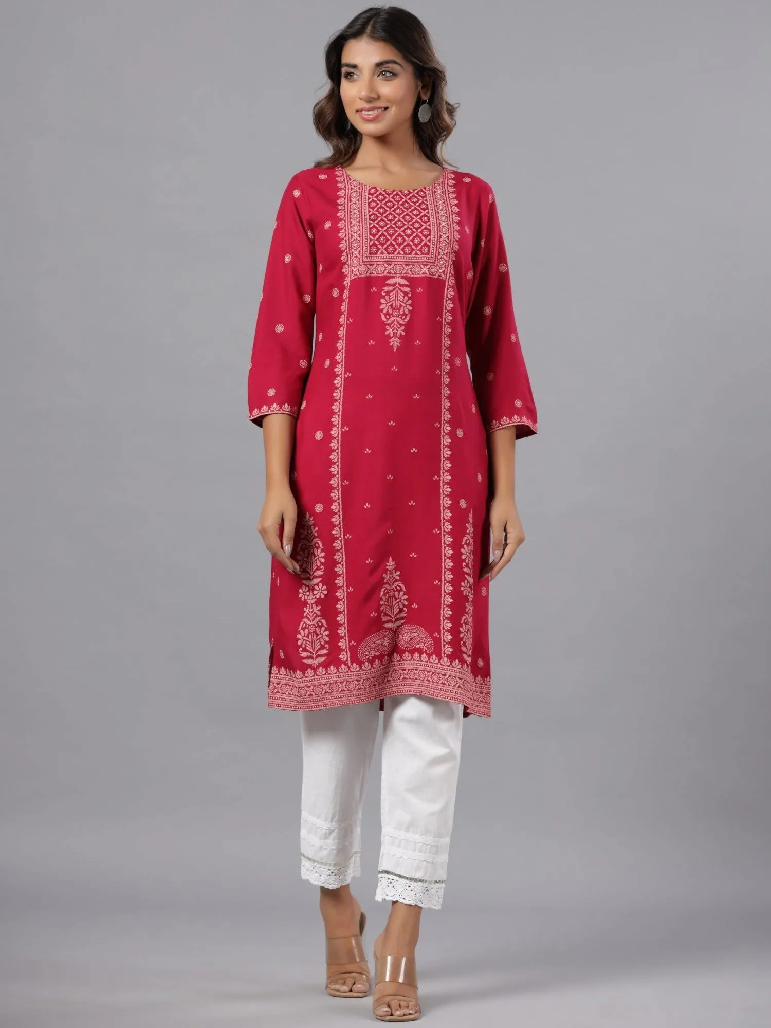 Jashvi Fuchsia Ethnic Motif Printed Rayon Knee Length Straight Kurta With Sequins