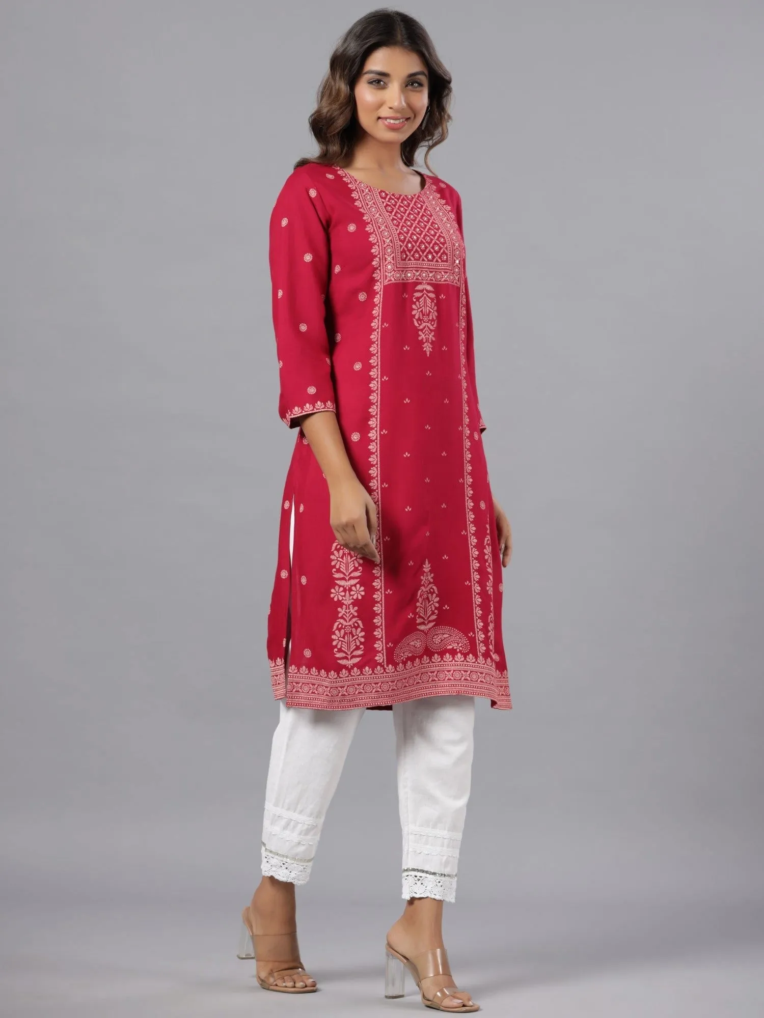 Jashvi Fuchsia Ethnic Motif Printed Rayon Knee Length Straight Kurta With Sequins