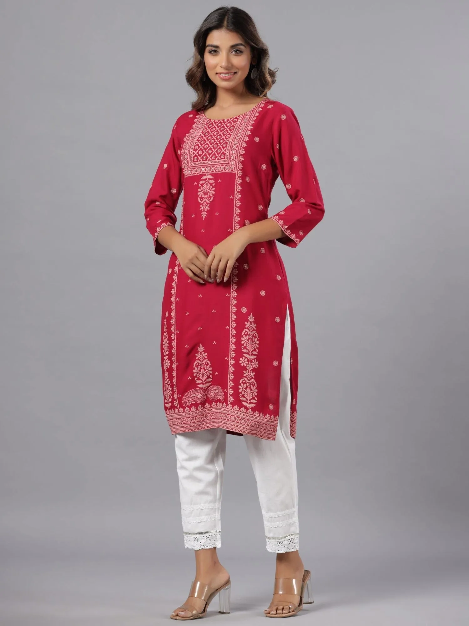 Jashvi Fuchsia Ethnic Motif Printed Rayon Knee Length Straight Kurta With Sequins