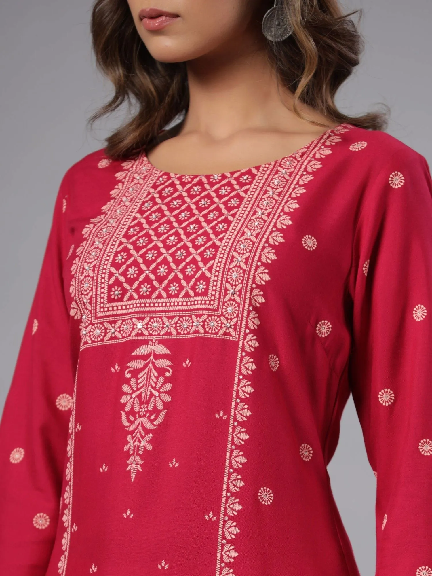 Jashvi Fuchsia Ethnic Motif Printed Rayon Knee Length Straight Kurta With Sequins