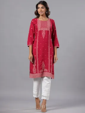 Jashvi Fuchsia Ethnic Motif Printed Rayon Knee Length Straight Kurta With Sequins