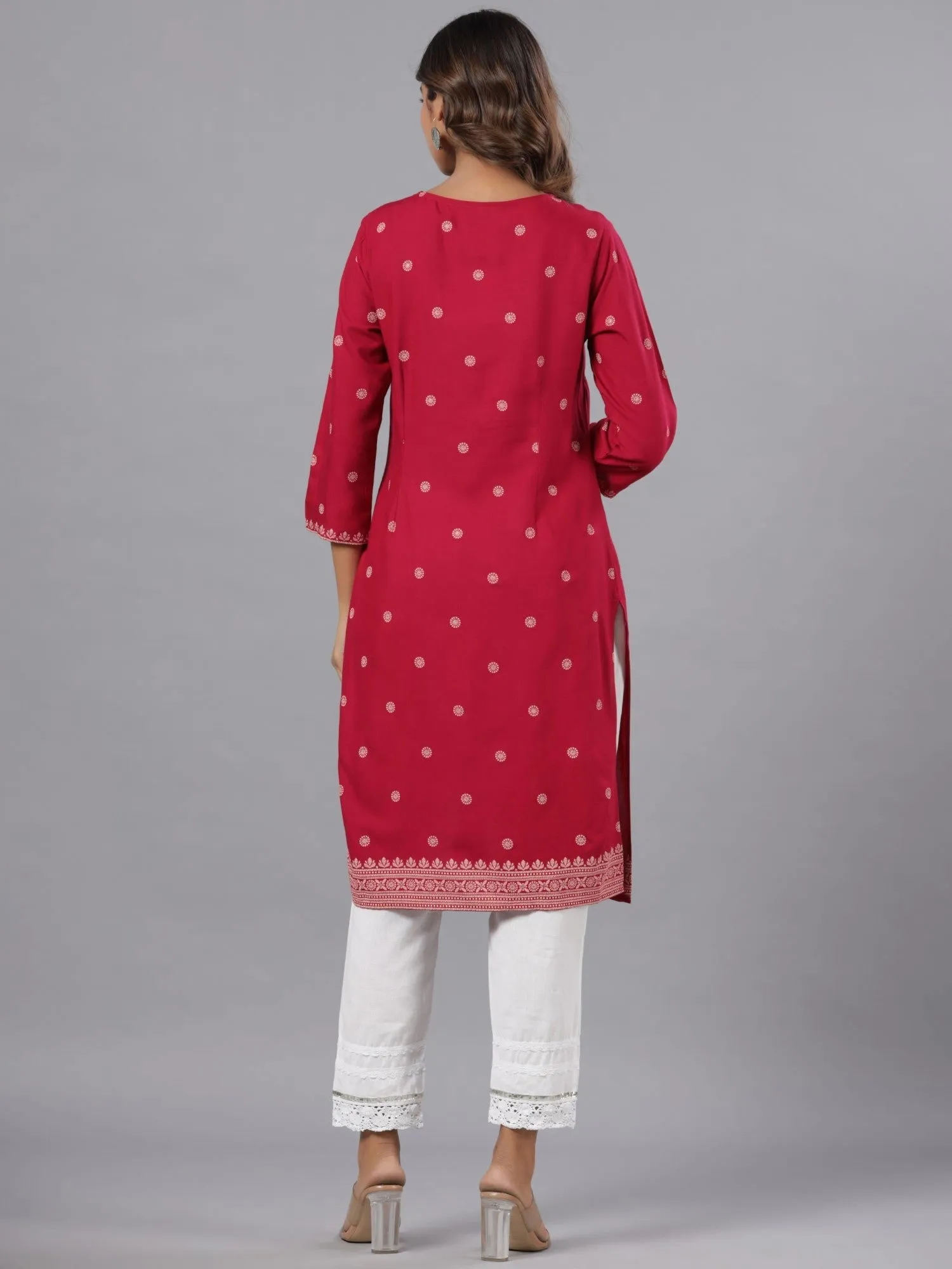 Jashvi Fuchsia Ethnic Motif Printed Rayon Knee Length Straight Kurta With Sequins