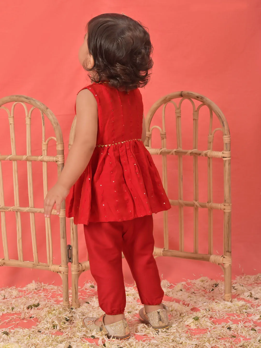 Jashvi Girls Red Cotton Flock and Dhoti Set