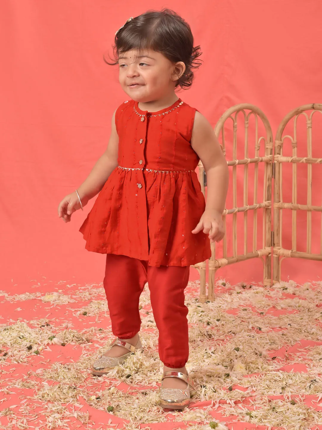 Jashvi Girls Red Cotton Flock and Dhoti Set