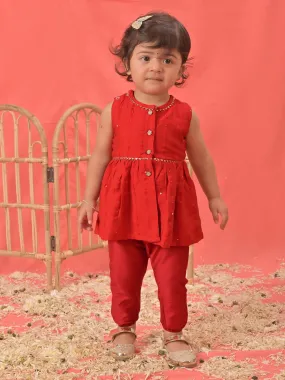 Jashvi Girls Red Cotton Flock and Dhoti Set