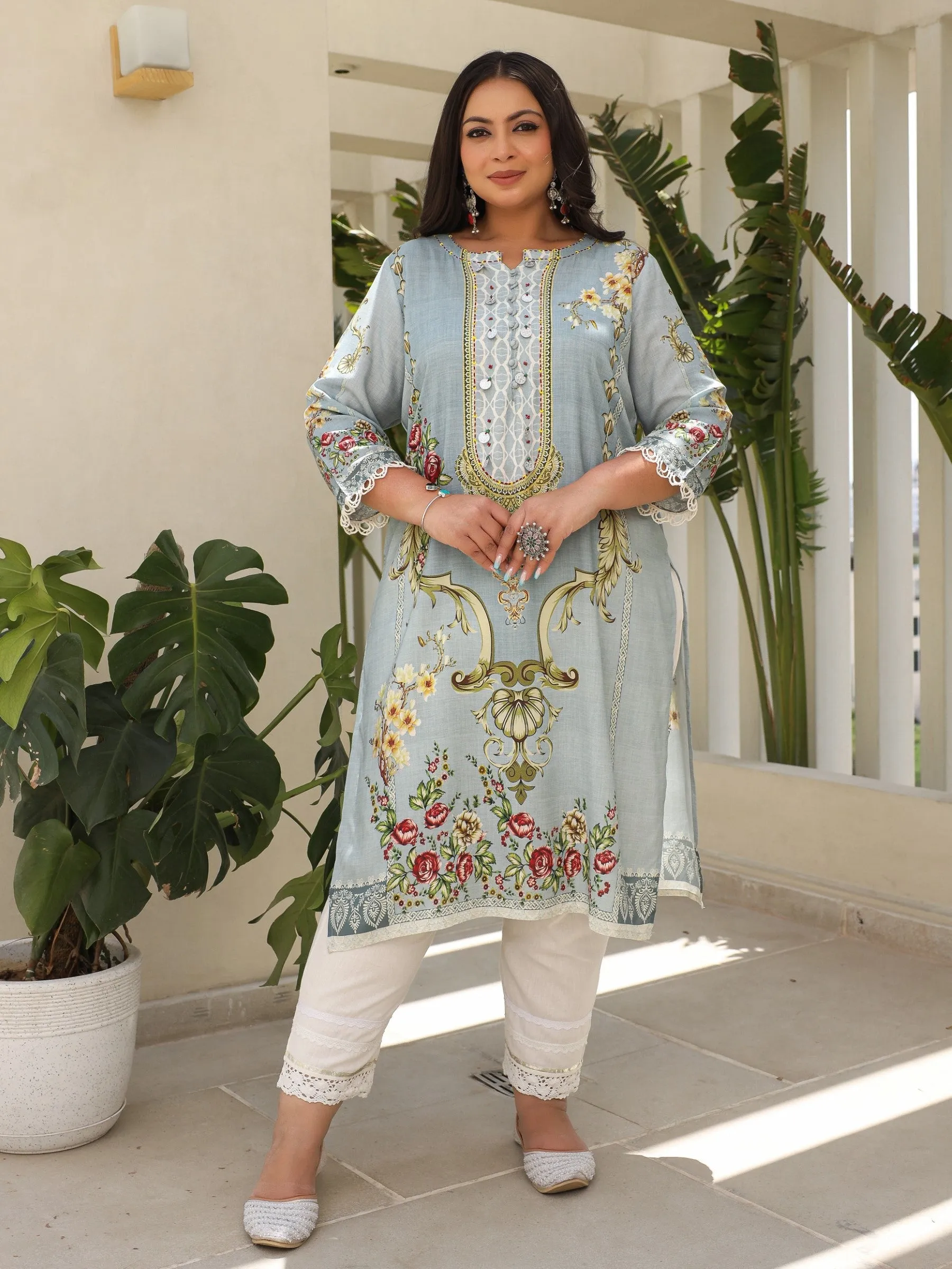 Jashvi Grey Rayon Floral Printed Regular Plus Size Kurta With Beadwork