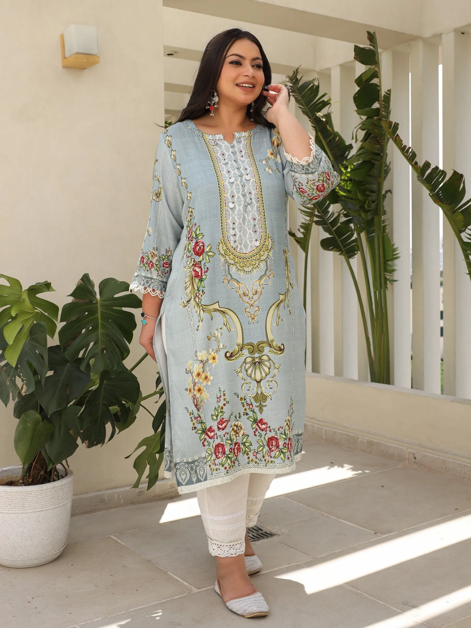 Jashvi Grey Rayon Floral Printed Regular Plus Size Kurta With Beadwork