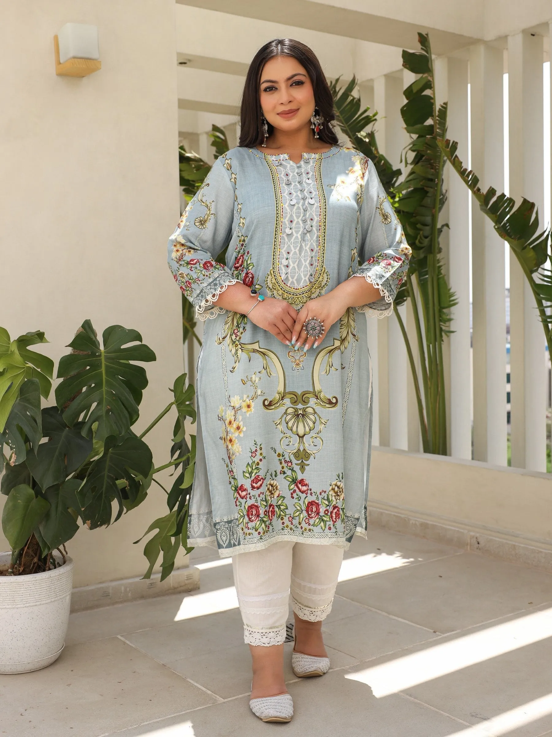 Jashvi Grey Rayon Floral Printed Regular Plus Size Kurta With Beadwork