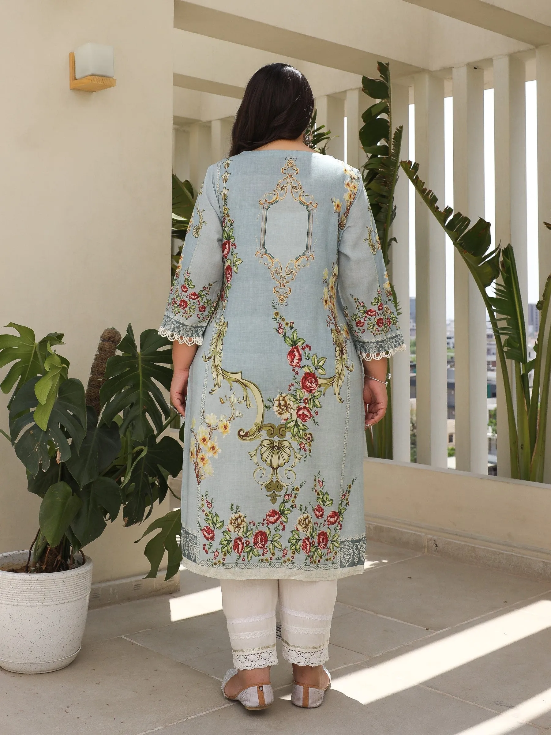 Jashvi Grey Rayon Floral Printed Regular Plus Size Kurta With Beadwork