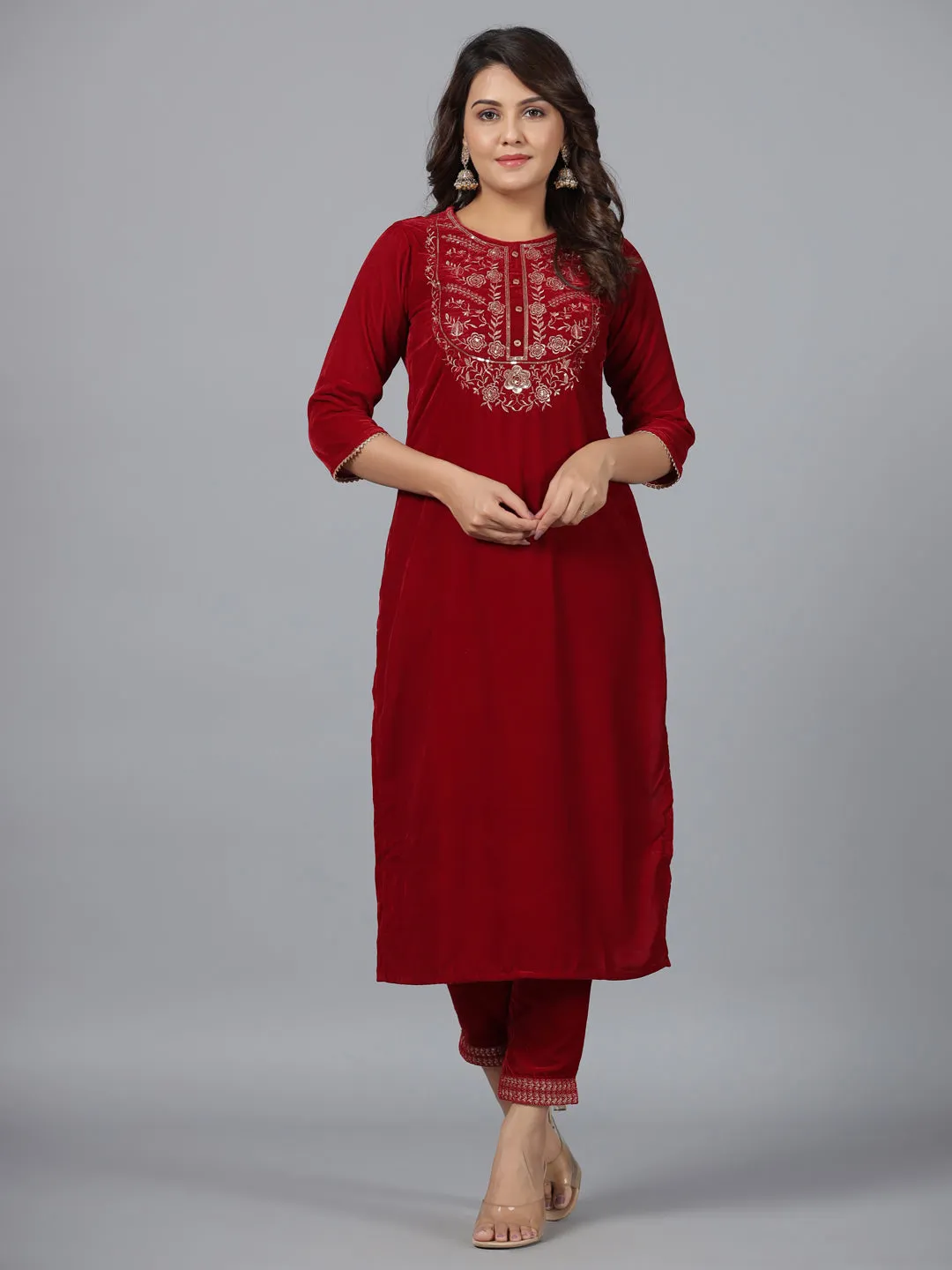 Jashvi Maroon Velvet Embroidered Kurta & Pants Set with Zari & Sequences