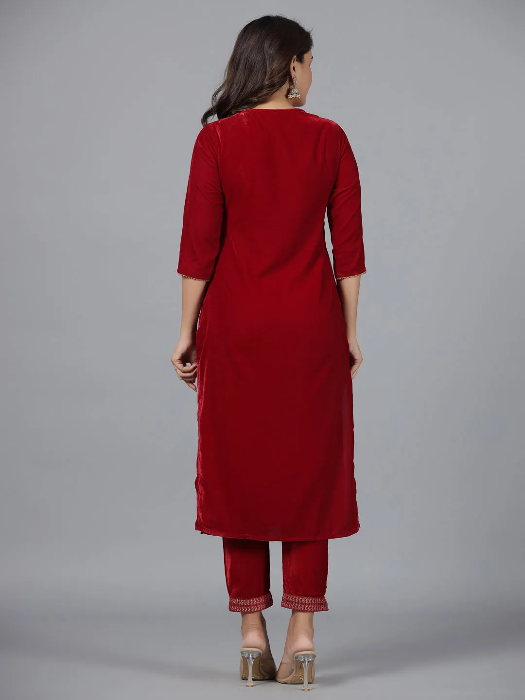 Jashvi Maroon Velvet Embroidered Kurta & Pants Set with Zari & Sequences