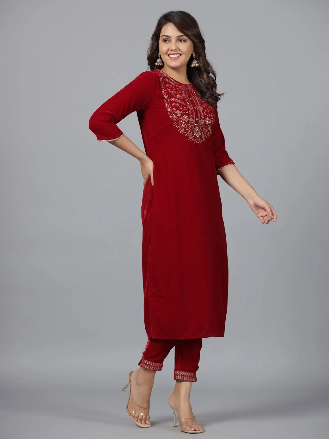 Jashvi Maroon Velvet Embroidered Kurta & Pants Set with Zari & Sequences