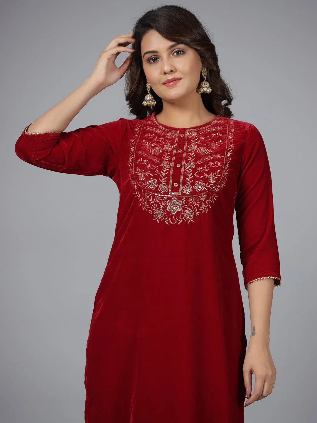 Jashvi Maroon Velvet Embroidered Kurta & Pants Set with Zari & Sequences