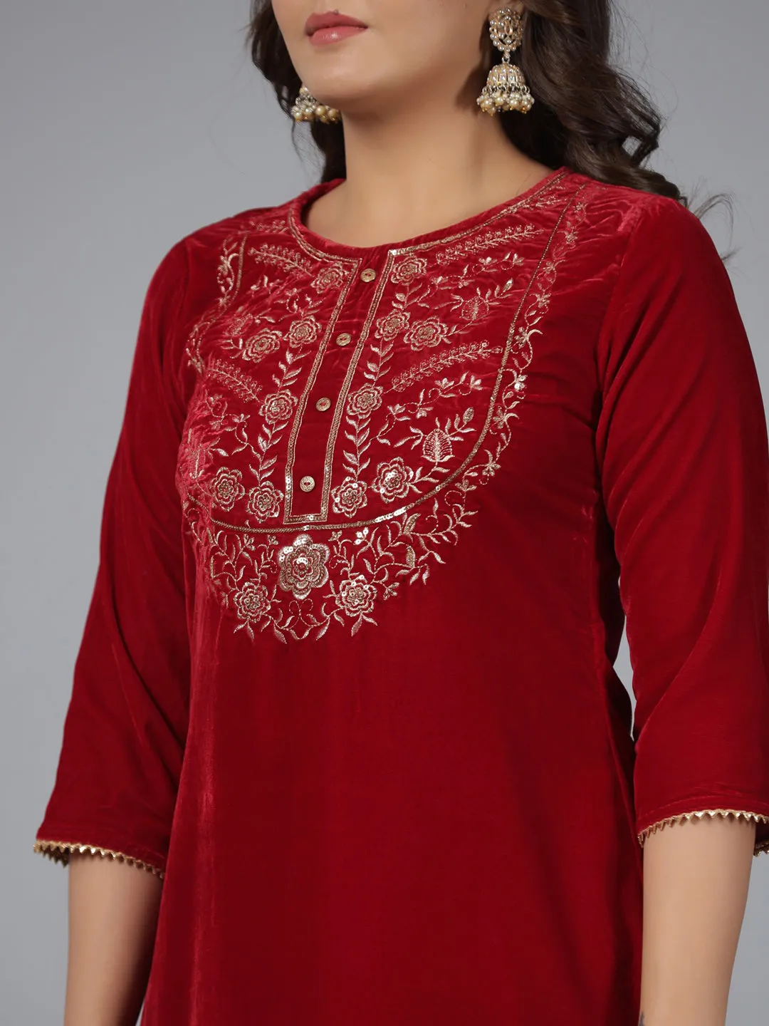 Jashvi Maroon Velvet Embroidered Kurta & Pants Set with Zari & Sequences