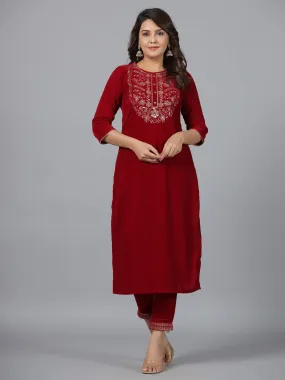 Jashvi Maroon Velvet Embroidered Kurta & Pants Set with Zari & Sequences