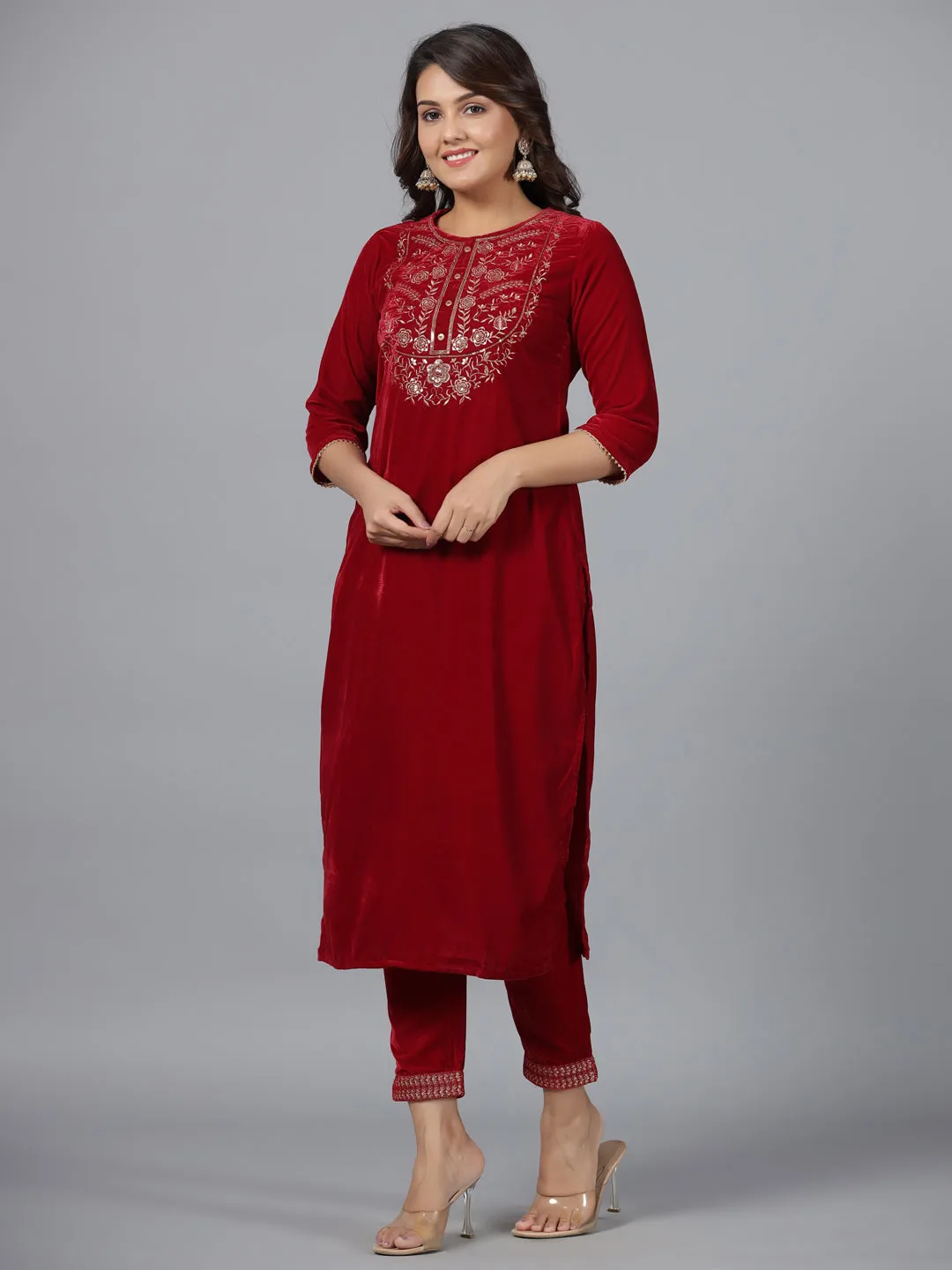 Jashvi Maroon Velvet Embroidered Kurta & Pants Set with Zari & Sequences