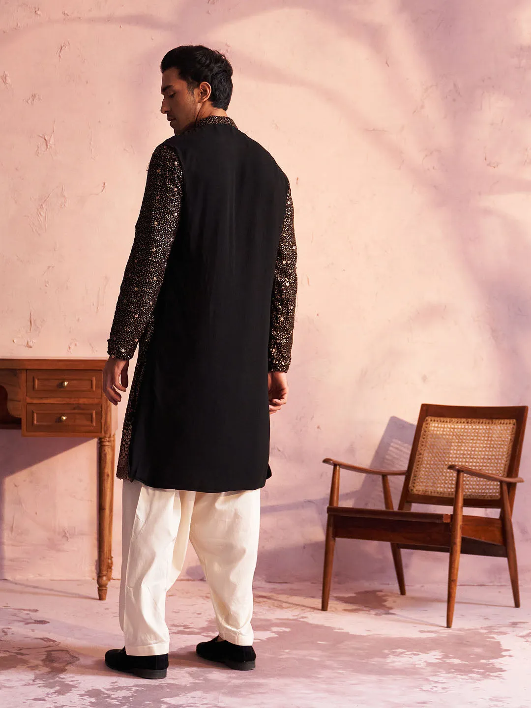 Jashvi Men's Black Georgette Zari With Sequins Worked Kurta Patiala Set