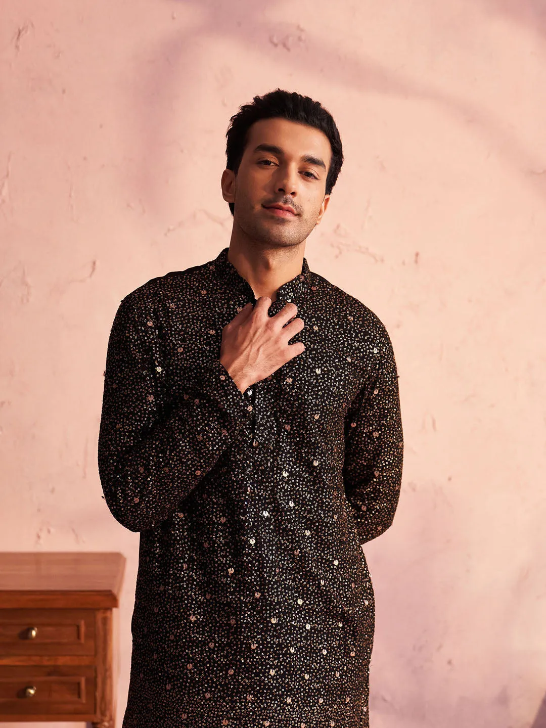 Jashvi Men's Black Georgette Zari With Sequins Worked Kurta Patiala Set