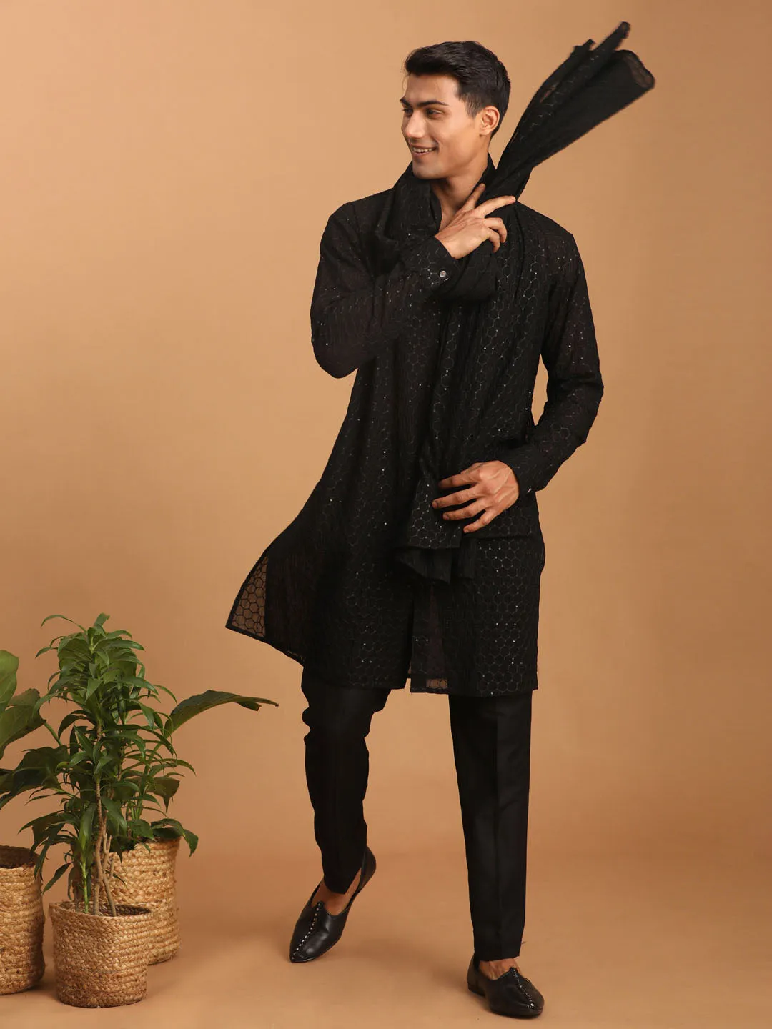 Jashvi Men's Black Sequined Front Open Georgette Kurta With Pant And Dupatta Set