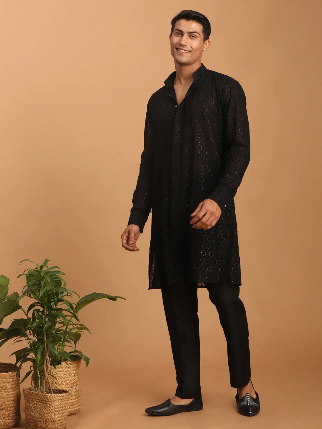 Jashvi Men's Black Sequined Front Open Georgette Kurta With Pant